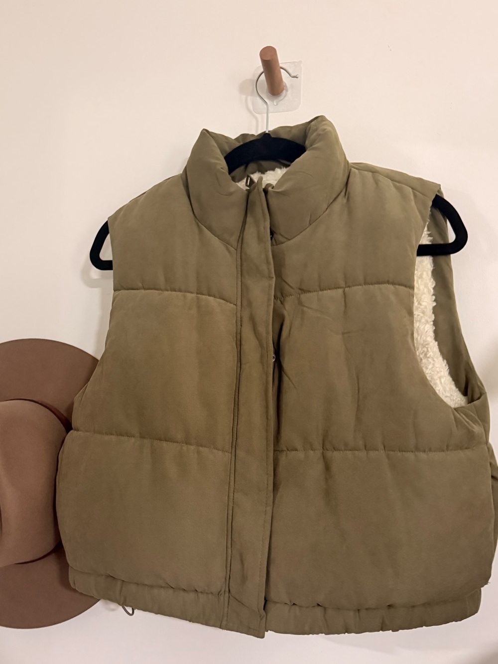 Cropped Olive Green Puffer Vest with Sherpa Lining